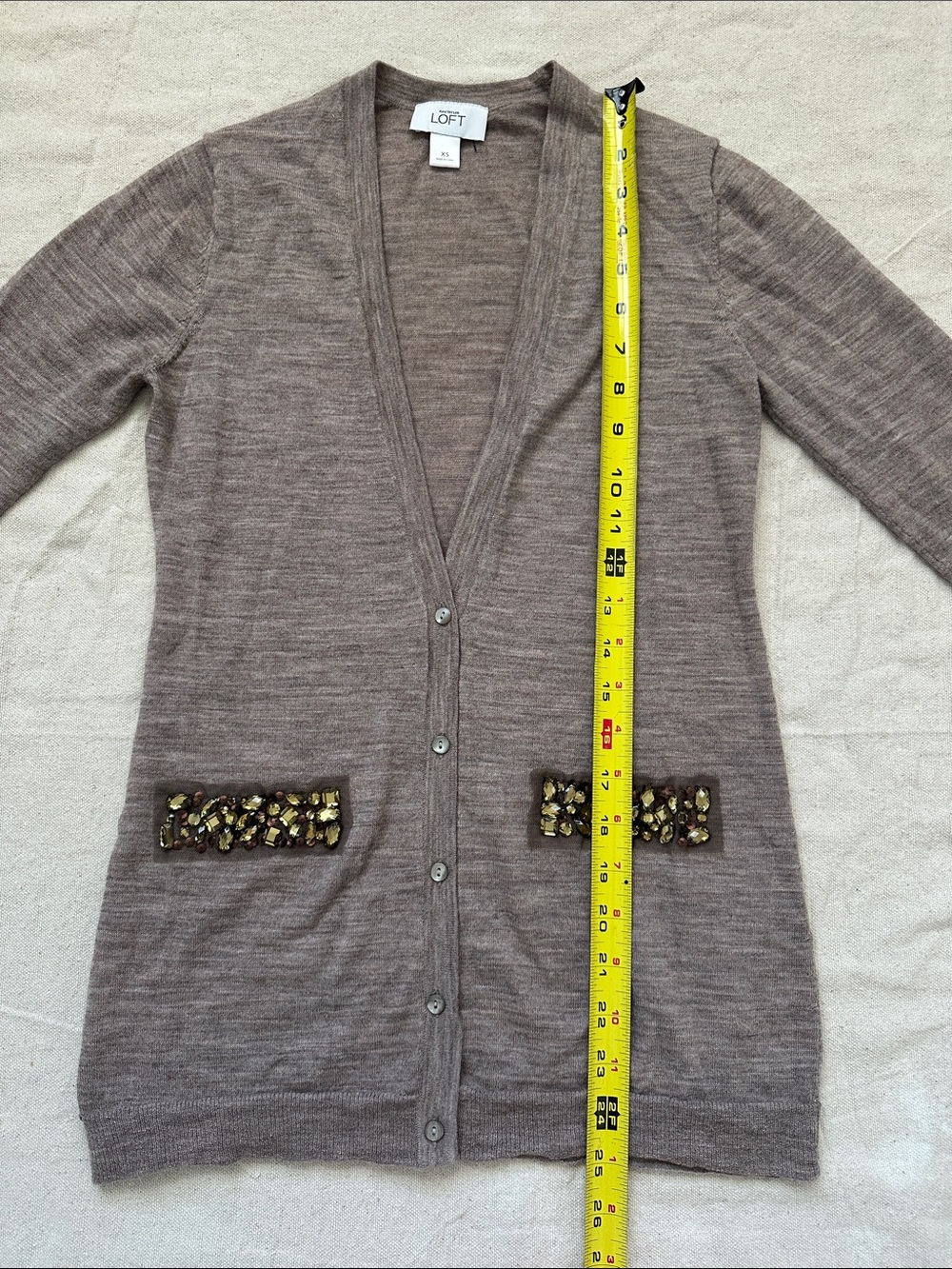 Ann Taylor LOFT Wool Blend Embellished Long Sleeve Taupe Cardigan Sweater XS - Picture 5 of 9